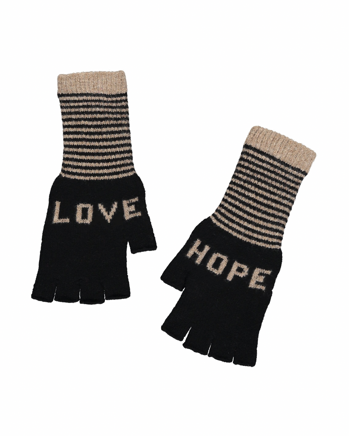 Fingerless Love Hope Gloves in Black and Taupe