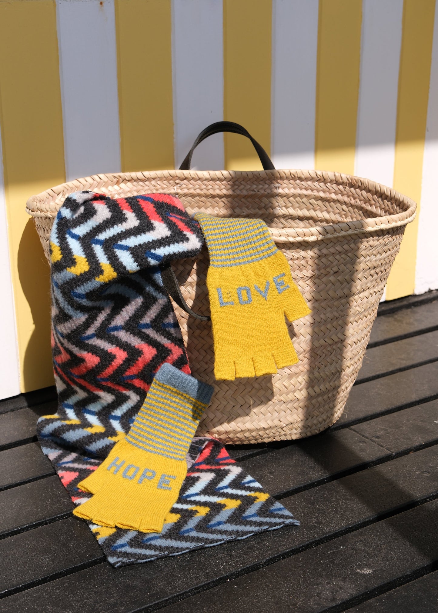 Fingerless Love Hope Gloves in Yellow and Sea Blue