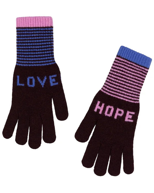 Pair of gloves with 'LOVE' and 'HOPE' text on a white background