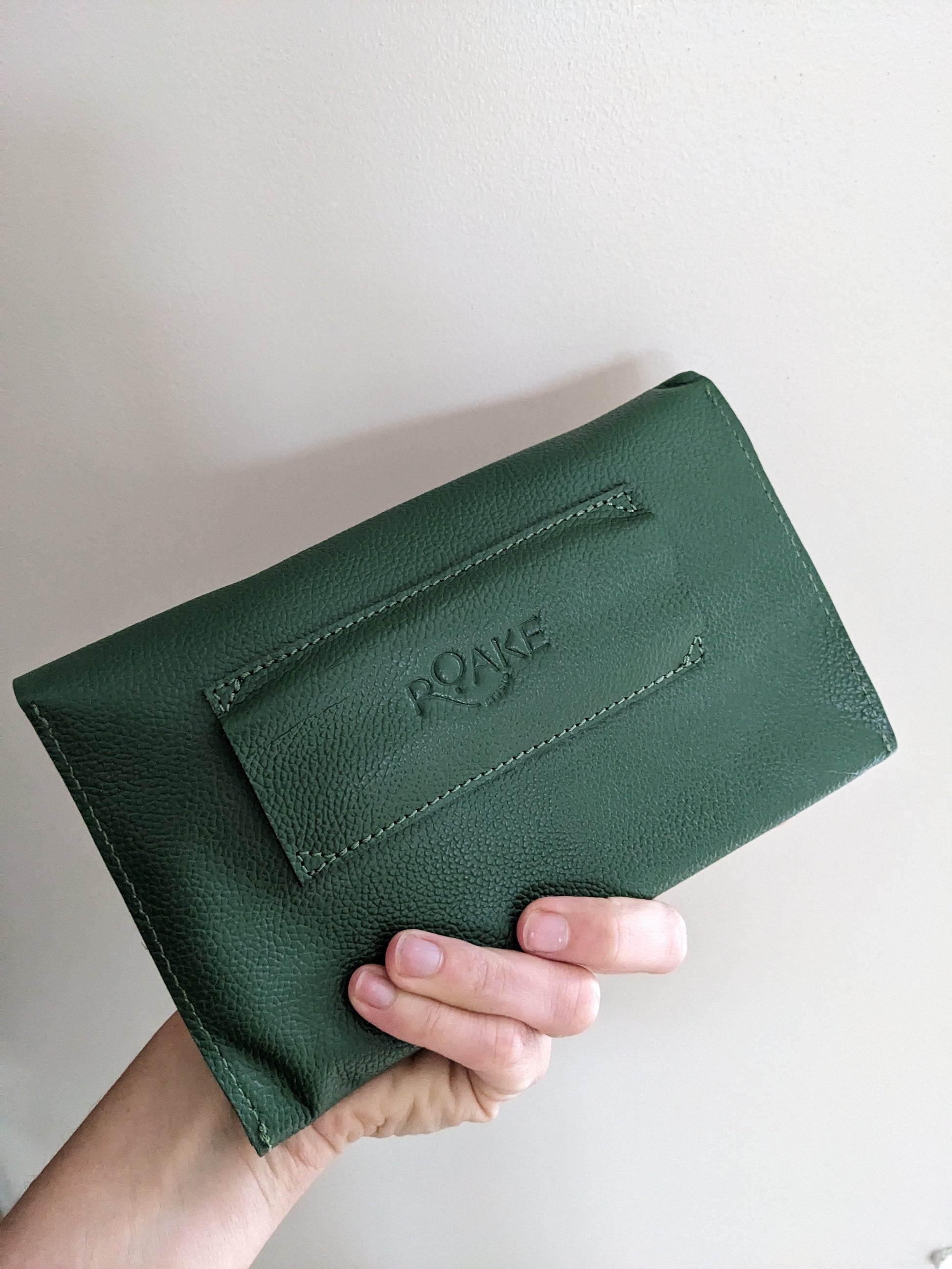Green leather pouch with adjustable belt