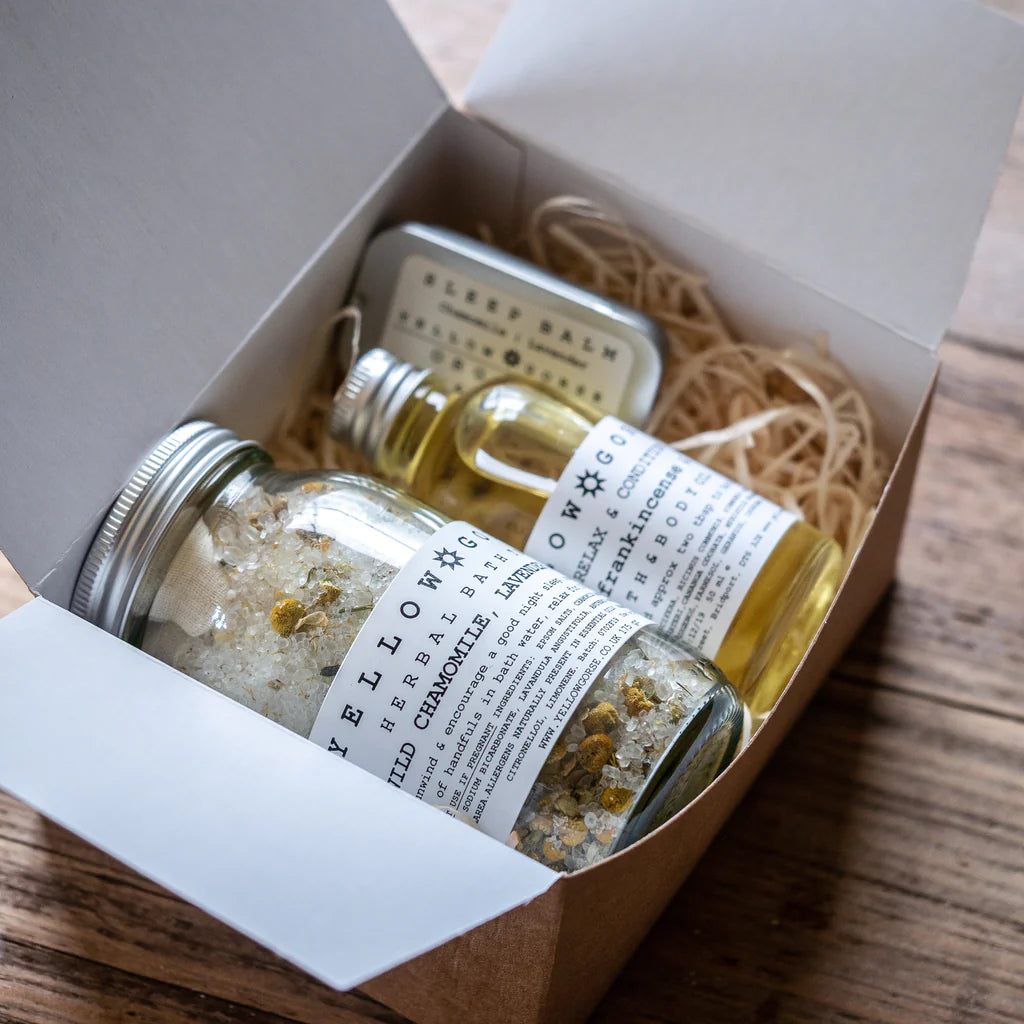 The Every Space Relax & Unwind Botanical Gift Set by Yellow Gorse with Sleep Balm, Bath & Body Oil, and Herbal Bath Tea