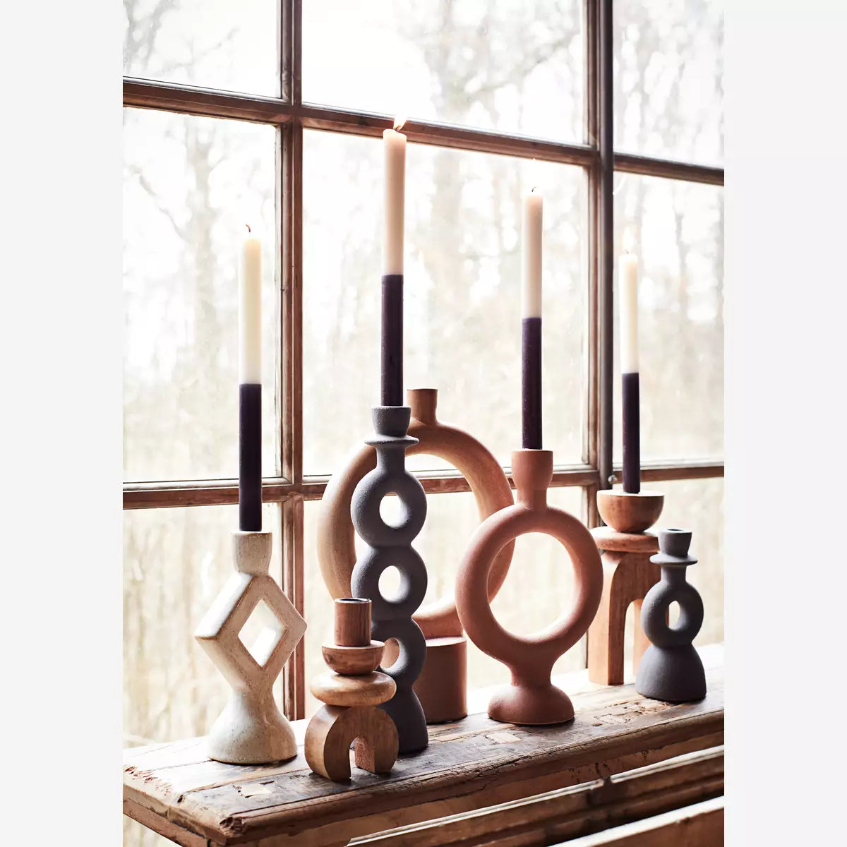 Stoneware Candle Holder, Round Body in Brick
