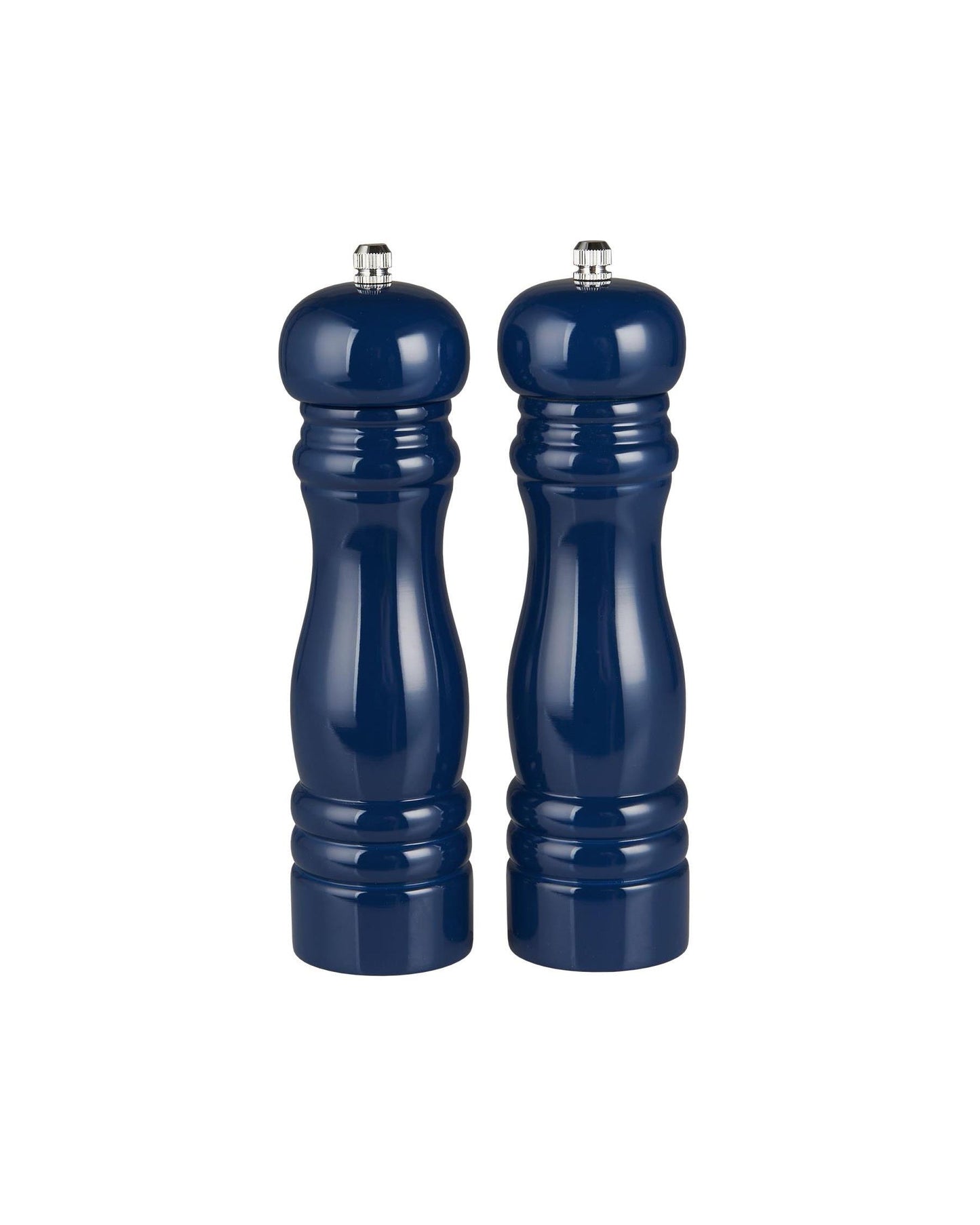 Pair of navy blue salt and pepper shakers on a white background