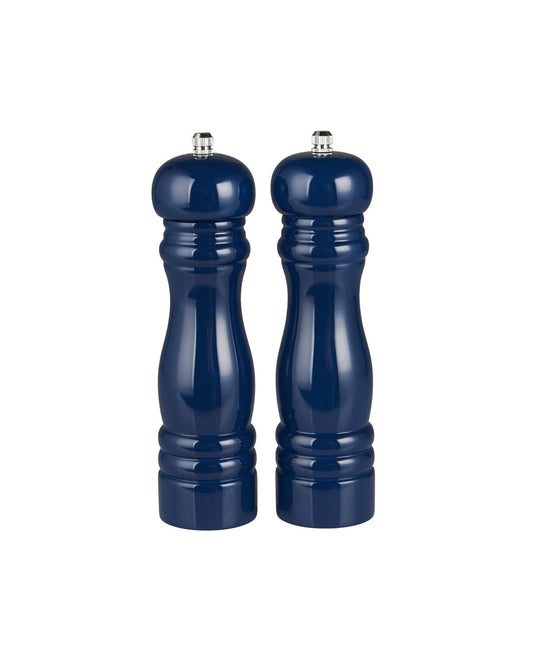 Pair of navy blue salt and pepper shakers on a white background