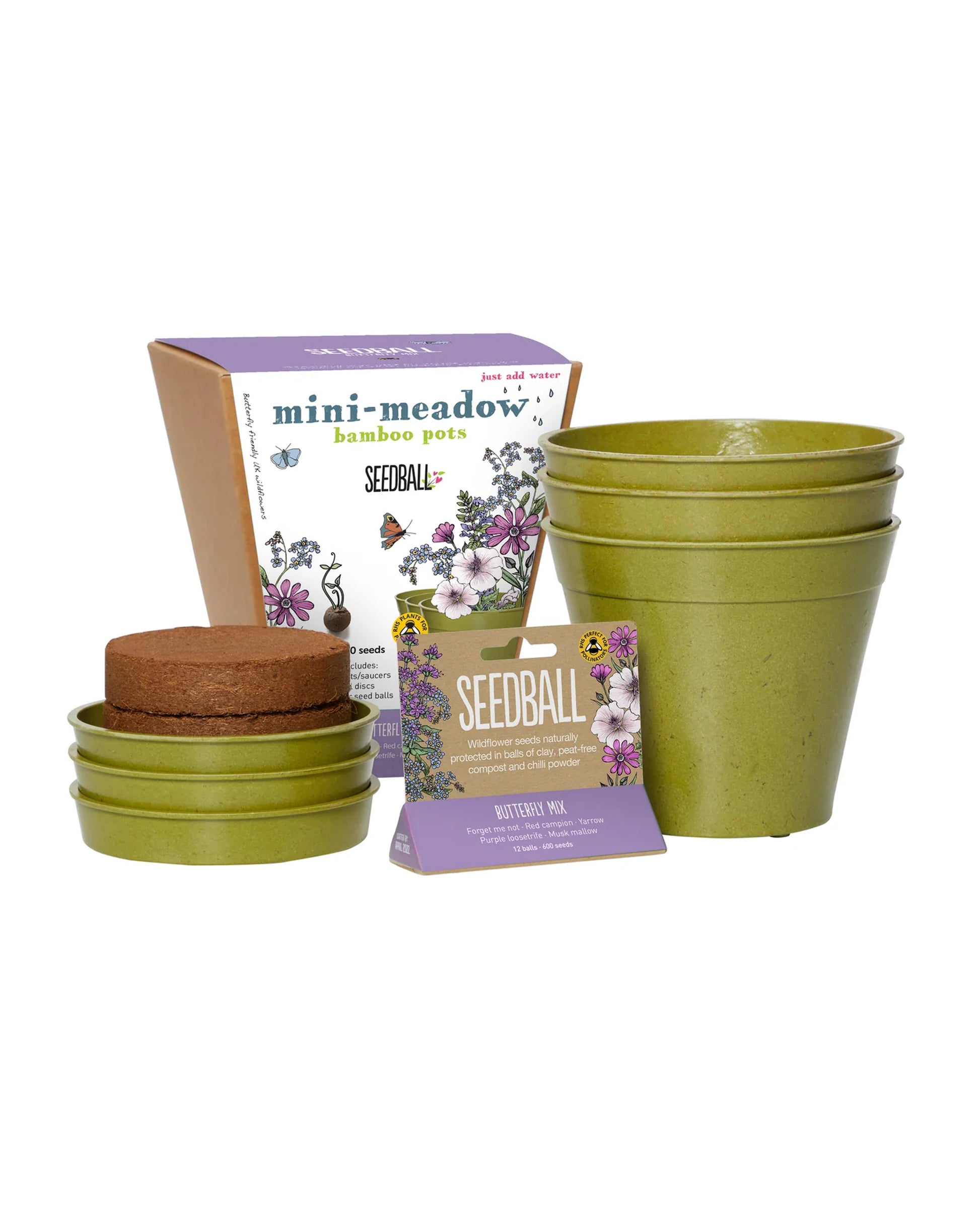 The Every Space Garden Mini-Meadow with 3 biodegradable, compostable bamboo pots and saucers, peat-free coir discs, and 12 wildflower seed balls containing approximately 30 wildlife-friendly wildflower seeds, by Seedball
