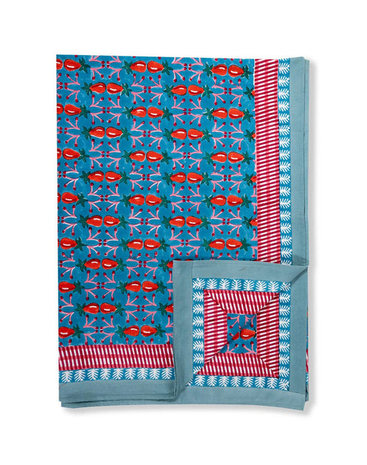 The Every Space 100% cotton tablecloth in red and blue Wilshire blockprint by Furbish studio, handmade in India