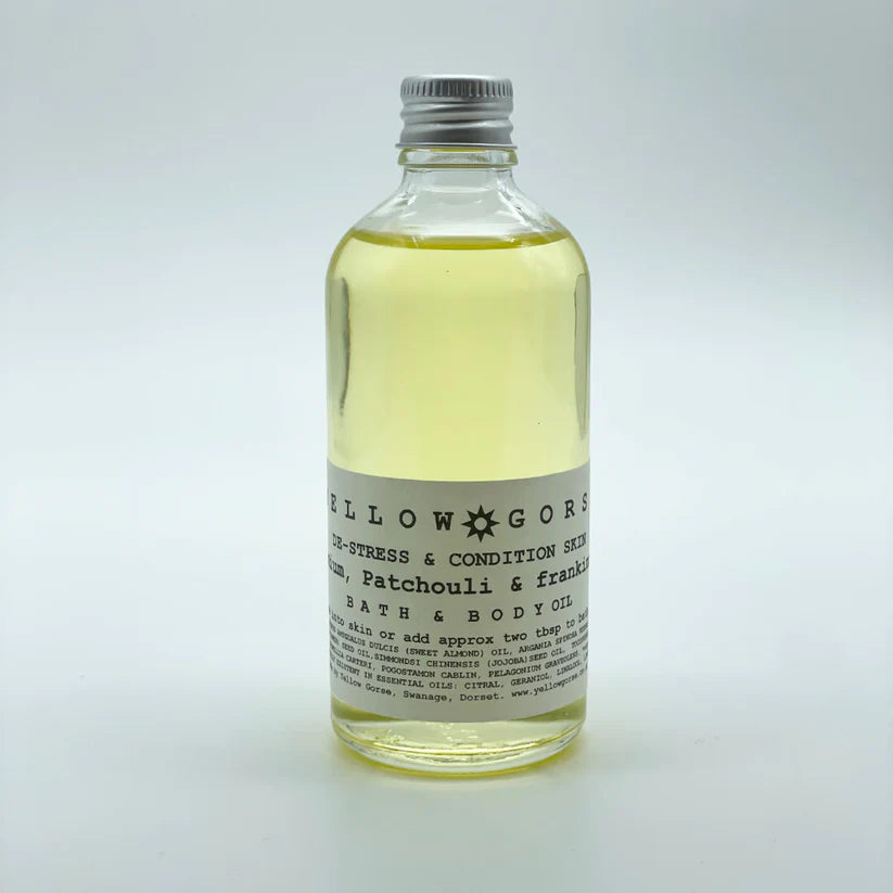 The Every Spasce De-Stress bath and body oil with geranium, patchouli and frankincense by Yellow Gorse