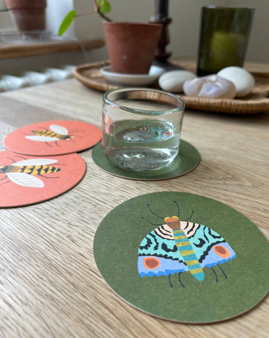 Drinks Coasters With Reversible Designs- Moth & Bee