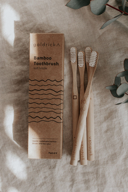 The Every Space box of 4 Bamboo Toothbrushes with soft waveform bristles by Goldrick