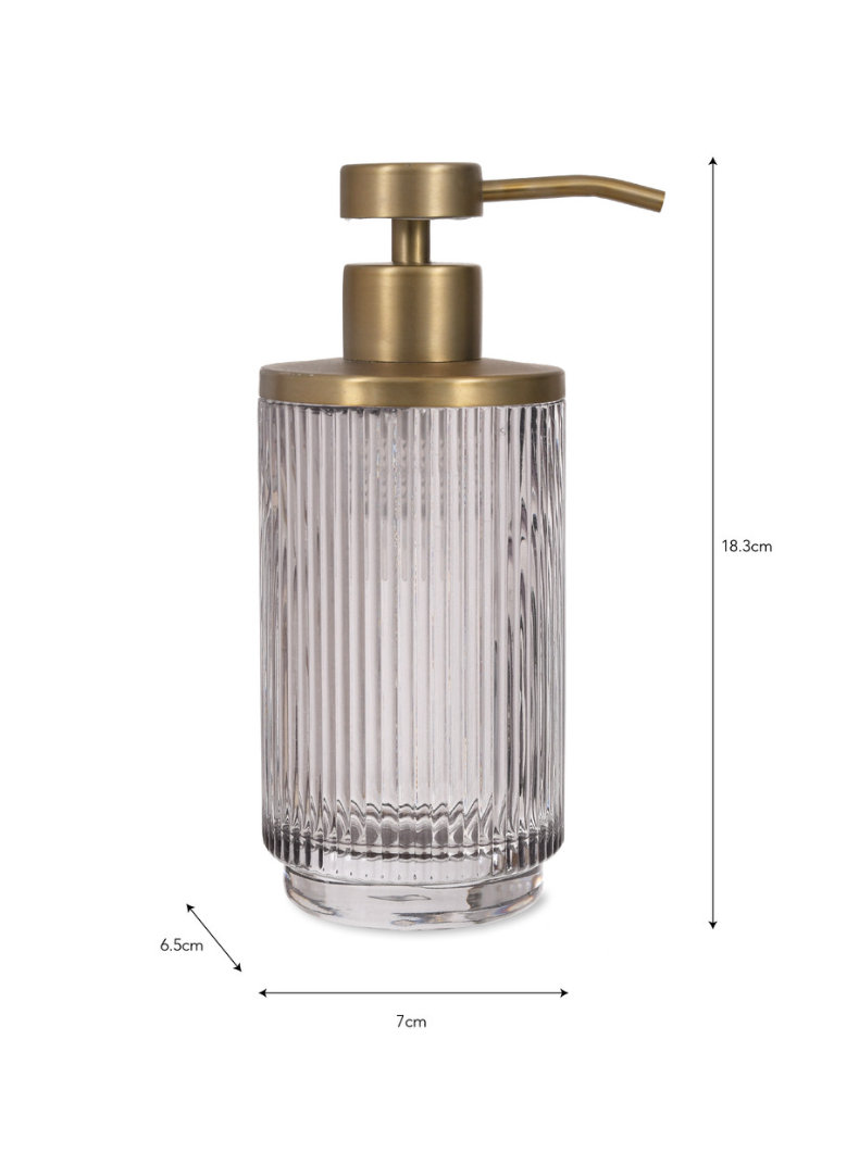 The Every Space Adelphi Soap Dispenser with smoked glass body and brass details by Garden Trading Co.