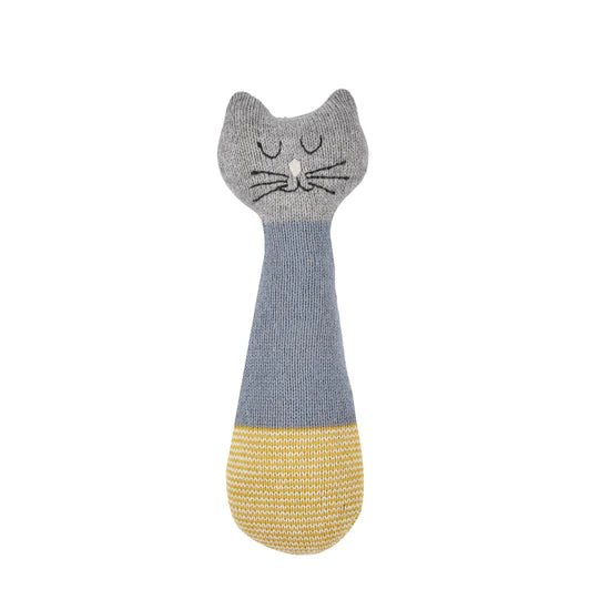 Cat Cotton Knit Baby Rattle in Blue