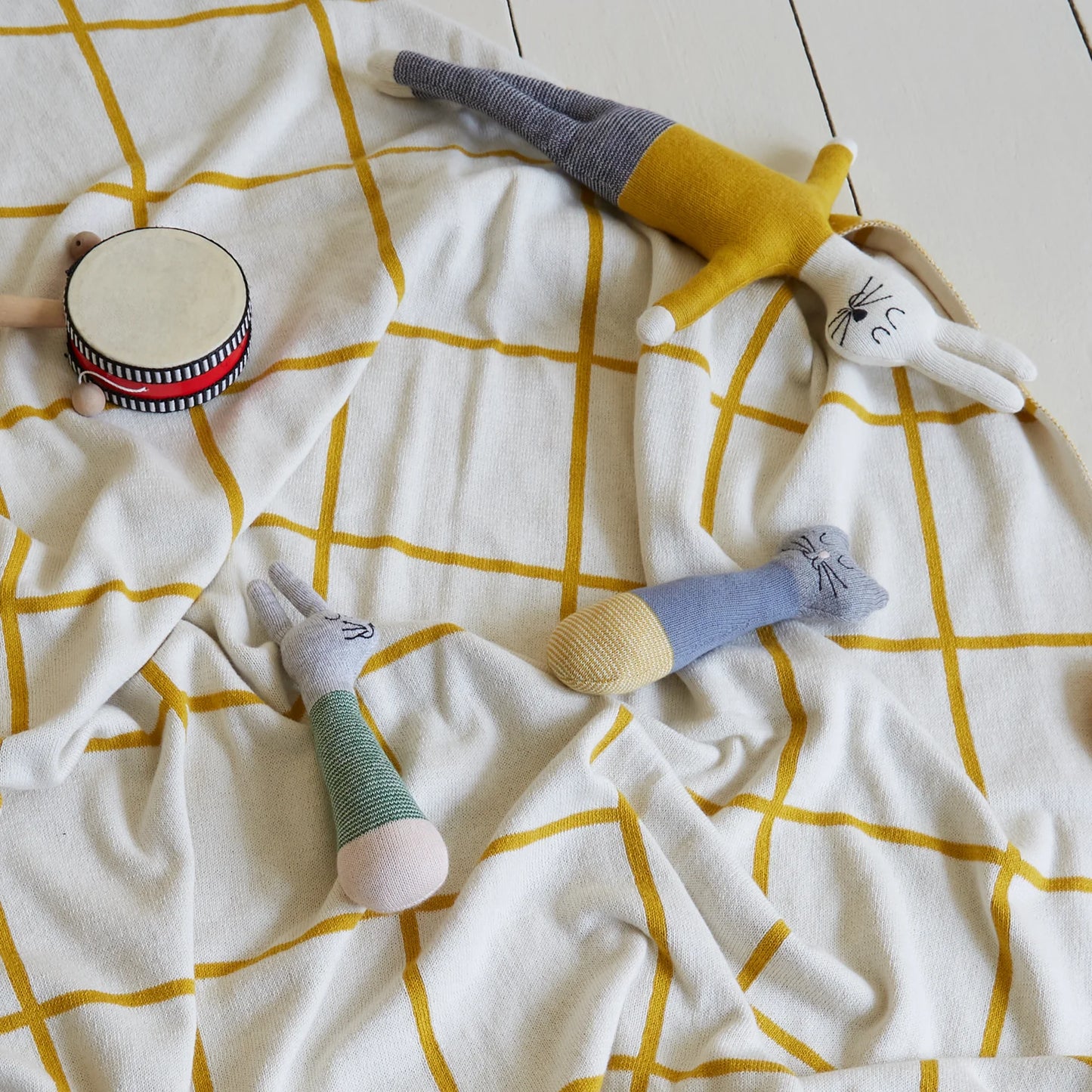 Cat Cotton Knit Baby Rattle in Blue