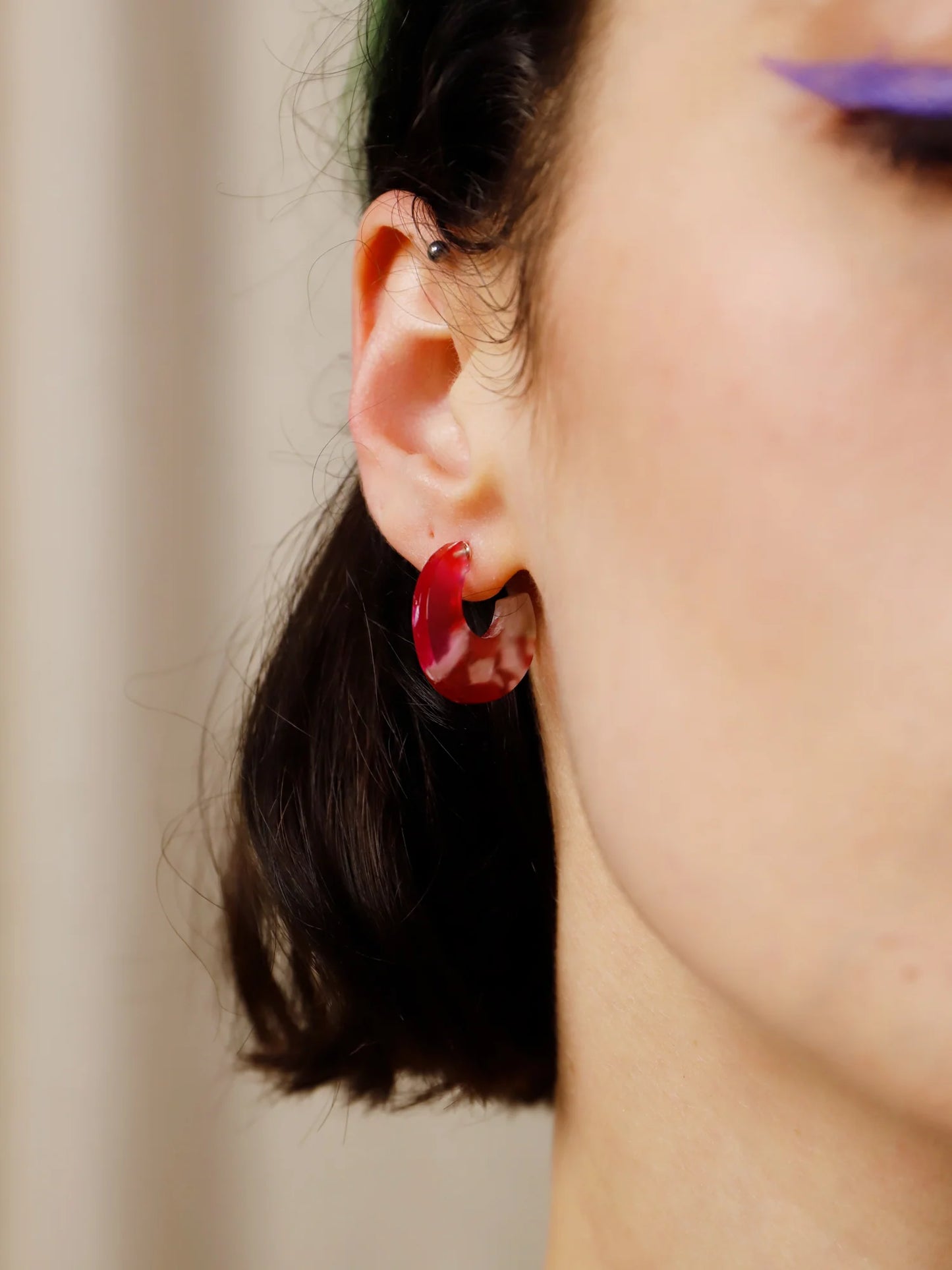 The Every Space Cassia hoop earrings in sterling silver and raspberry acrylic by Wolf & Moon