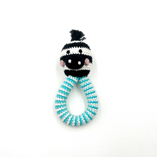 Crochet Zebra Ring rattle by Pebblechild, handmade and fair trade