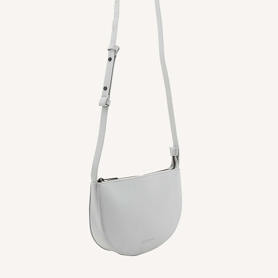 The Every Space high quality grain fog grey vegan leather Half Moon shoulder bag with a black YKK zipper and an internal pocket by Monk & Anna