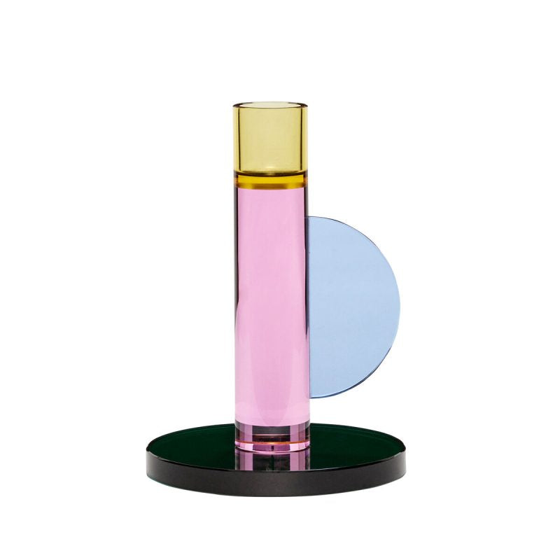 The Every Space Astro candle holder in pink, yellow, blue, and green crystal glass by Hübsch