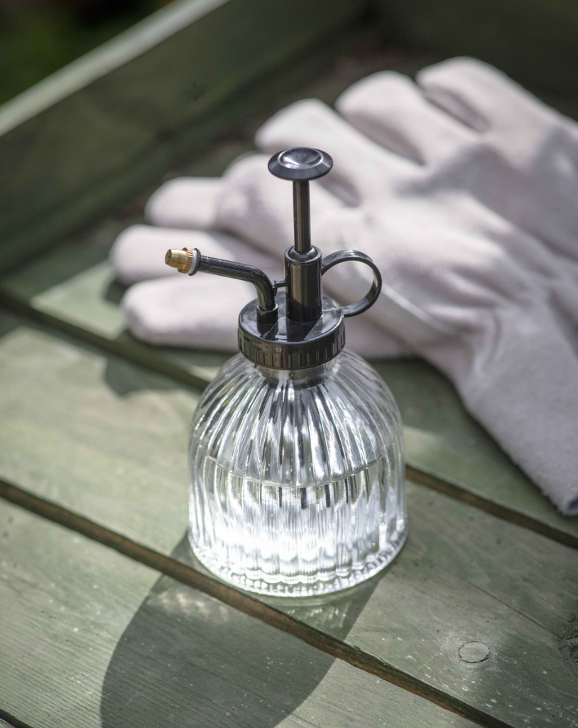 The Every Space glass plant mister with plastic spray and brass tip by Garden Trading