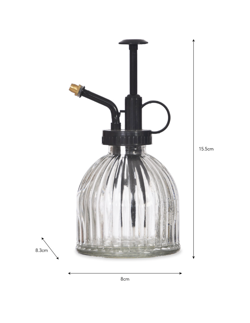 The Every Space glass plant mister with plastic spray and brass tip by Garden Trading