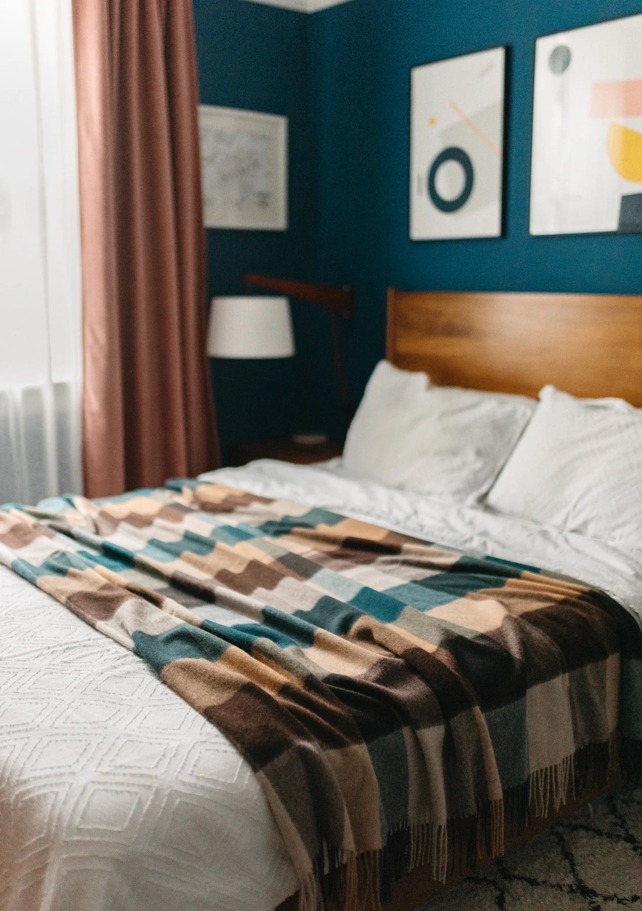 Lambswool Blanket in Teal Block Check