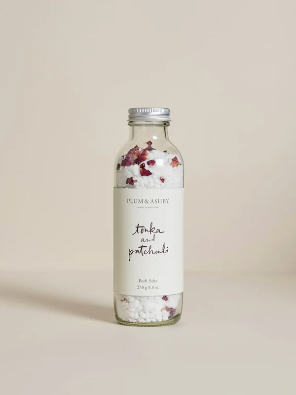 The Every Space Tonka and Patchouli Bath Salts enriched with mineral-rich natural salts by Plum & Ashby