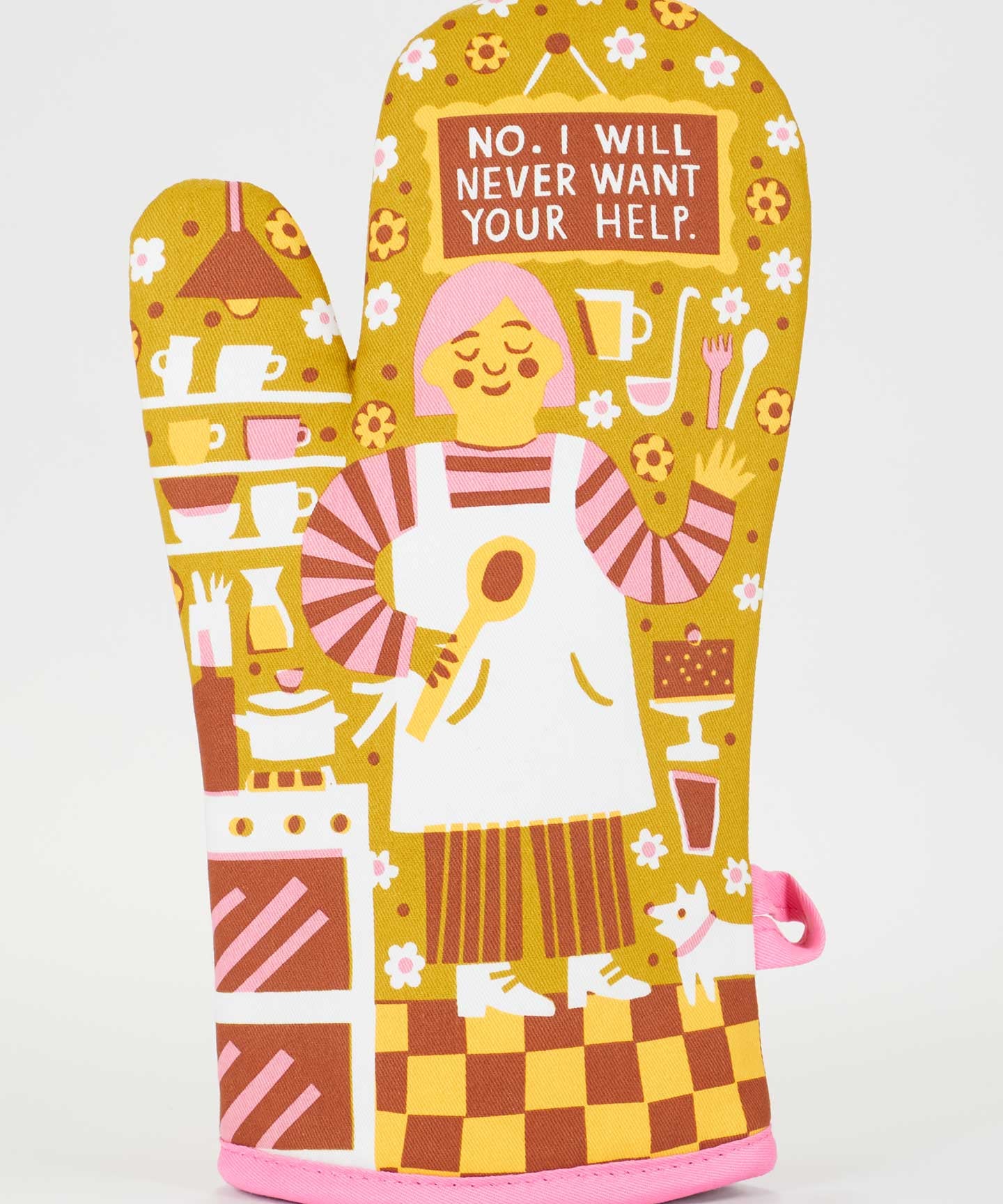 Colorful oven mitt with a cartoon character and text on a white background