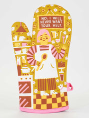 Colorful oven mitt with a cartoon character and text on a white background