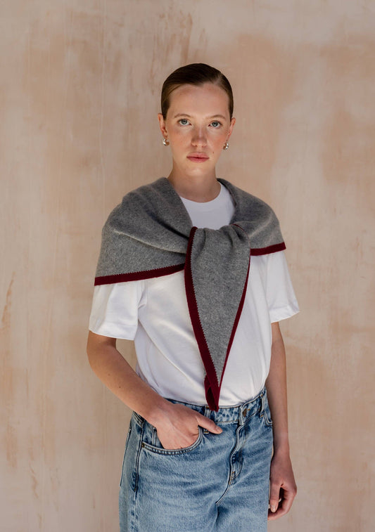 Large Merino Wool Triangle Scarf | Charcoal & Burgundy
