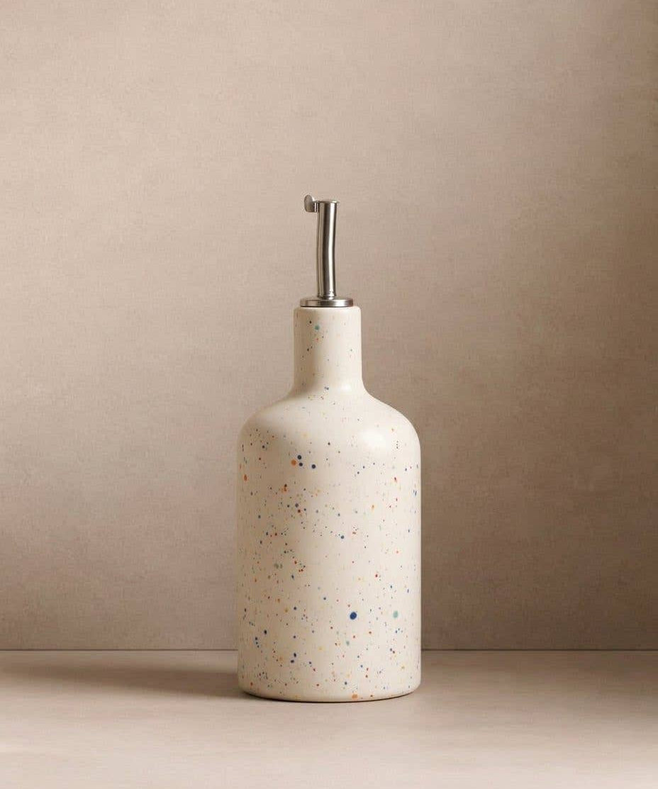 Party white speckled stoneware oil and vinegar dispenser, further view