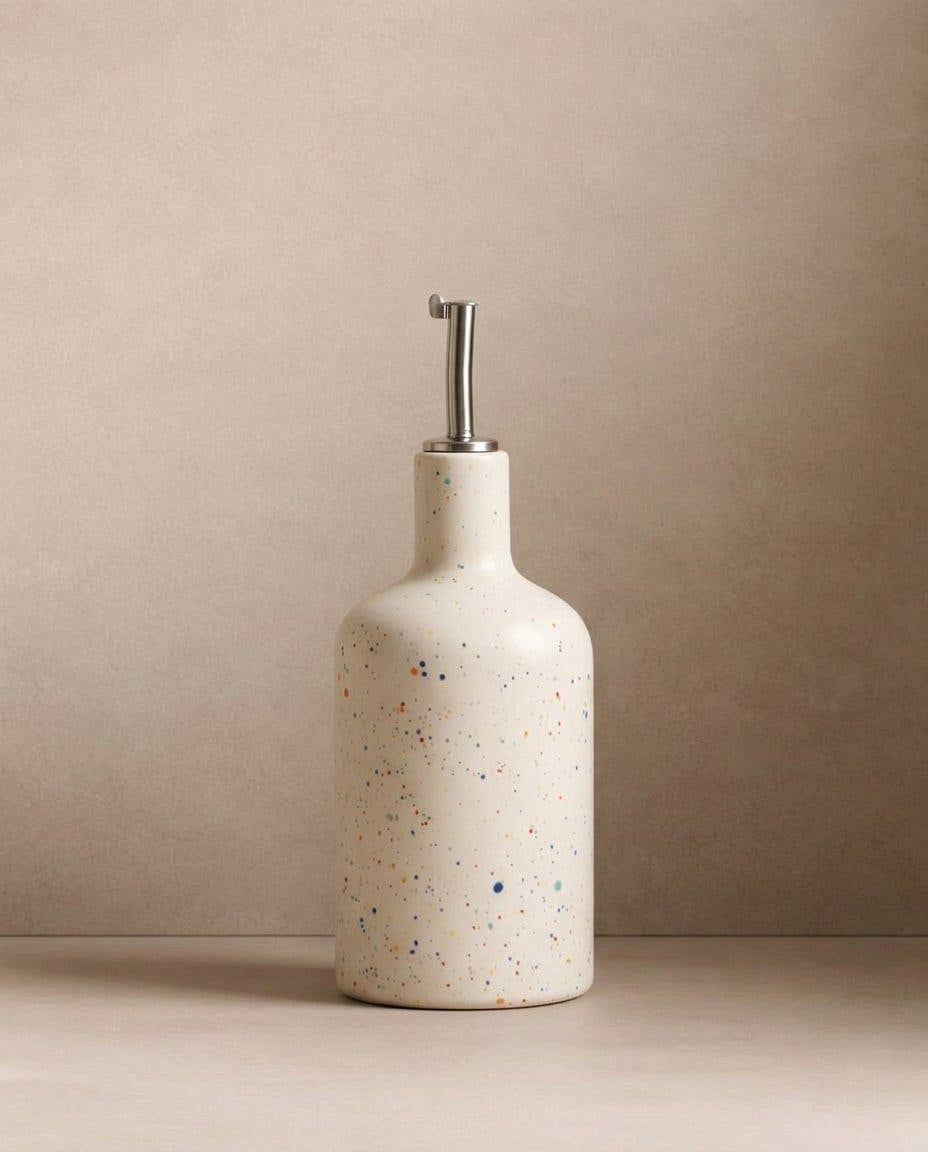 Party white speckled stoneware oil and vinegar dispenser, further view