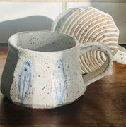 Handmade Ceramic Mug | White Speckled with Blue Fish Print