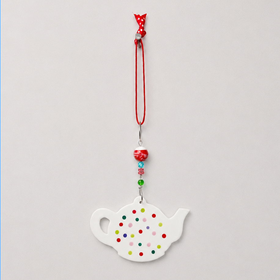 Handmade ceramic teapot hanging decoration, further view