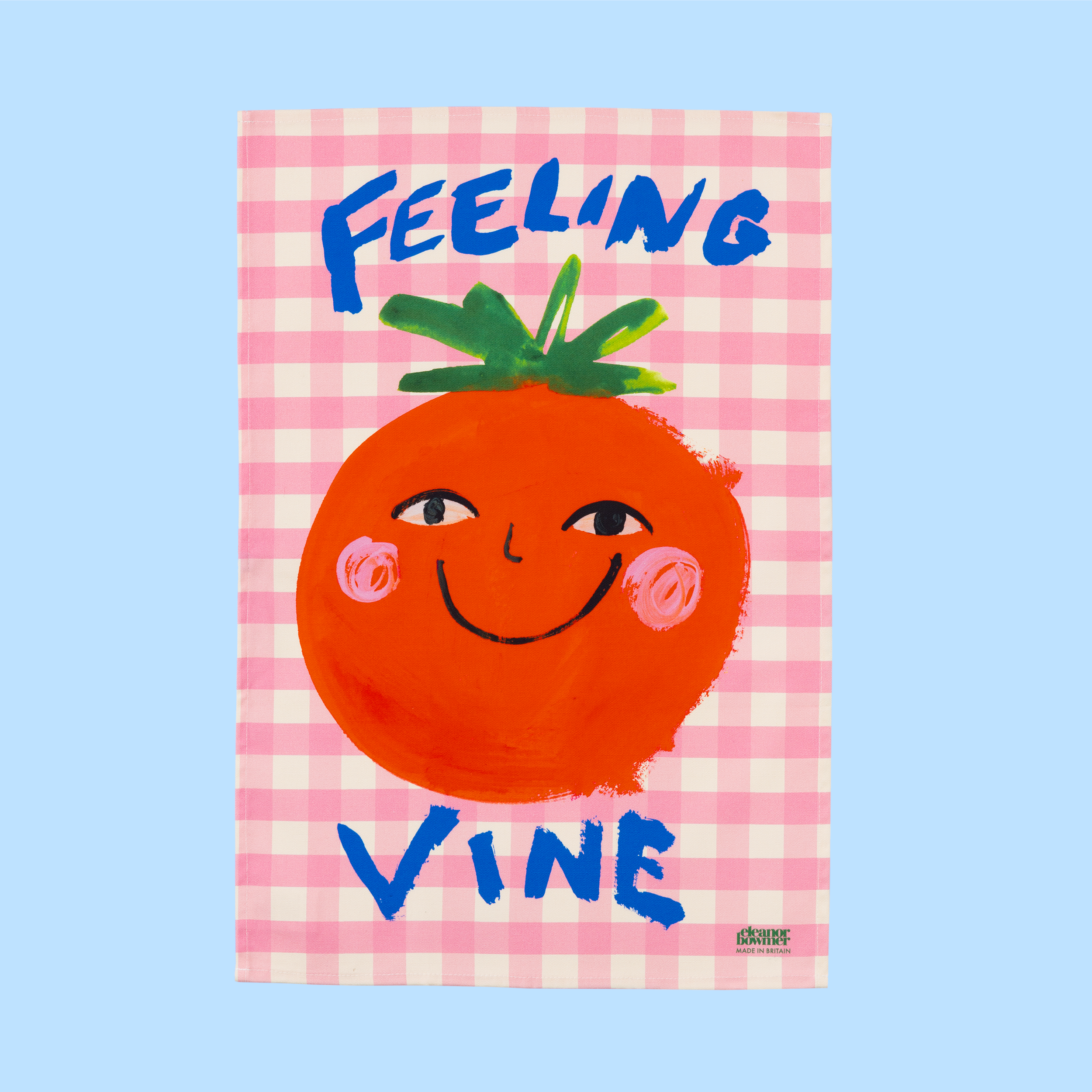 Feeling Vine tea towel by Eleanor Bowmer, smiling tomato on pink gingham