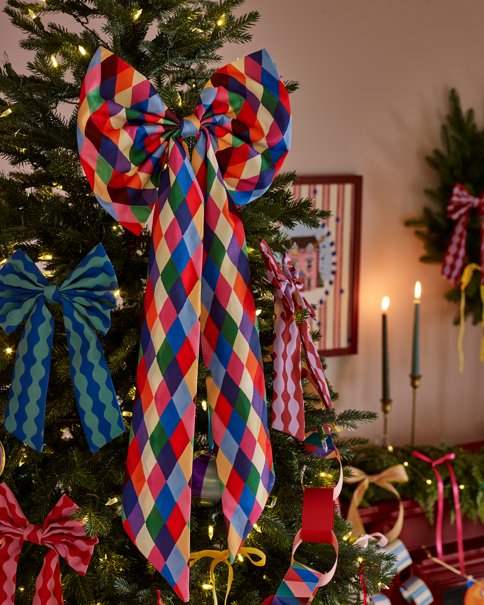 Harlequin bow tree topper by Eleanor Bowmer, further view