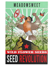 Seed packet design with a bird and flowers, labeled 'Meadowsweet Wild Flower Seeds Seed Revolution'.