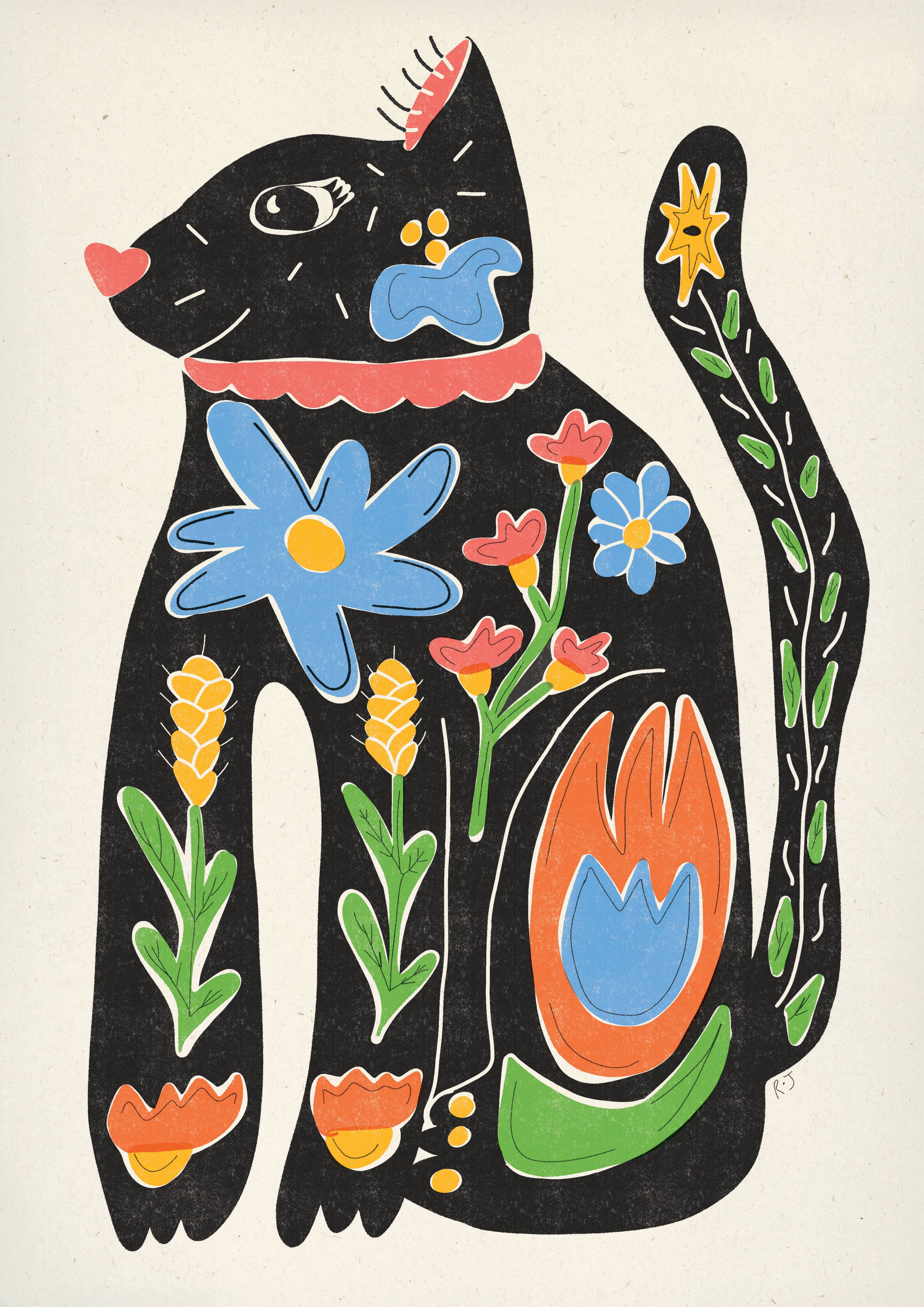 'Funky Cat' A4 | Colourful | Retro | Folky | Risograph Style Print