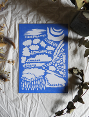 'Clouds' Blue & White Sky | Nature | Risograph Style Print | A3