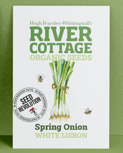 River Cottage Organic Seeds packaging for Spring Onion White Lisbon on a green background