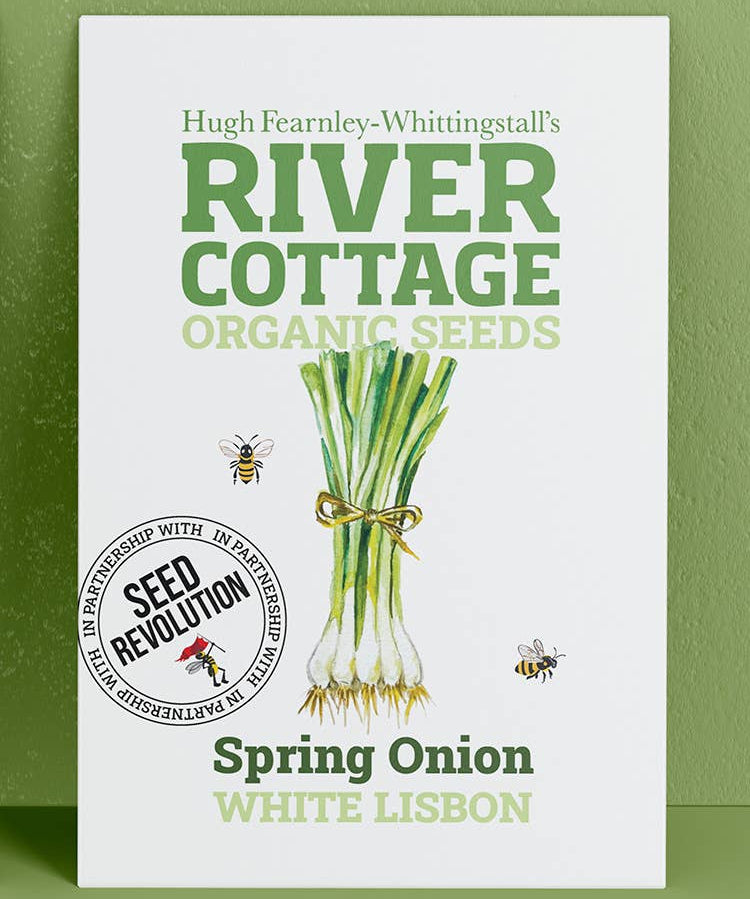 River Cottage Organic Seeds packaging for Spring Onion White Lisbon on a green background