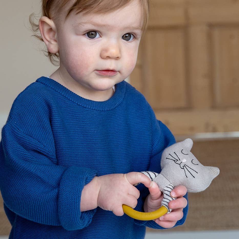 Cotton Knit & Silicone Teether Rattle - Cat