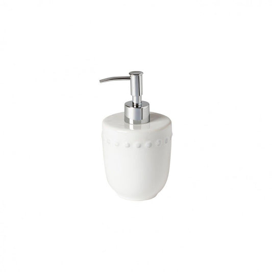 The Every Space white, fne stoneware pump with pearl style edging detail and stainless steel head,for handwash or hand lotion by Costa Nova