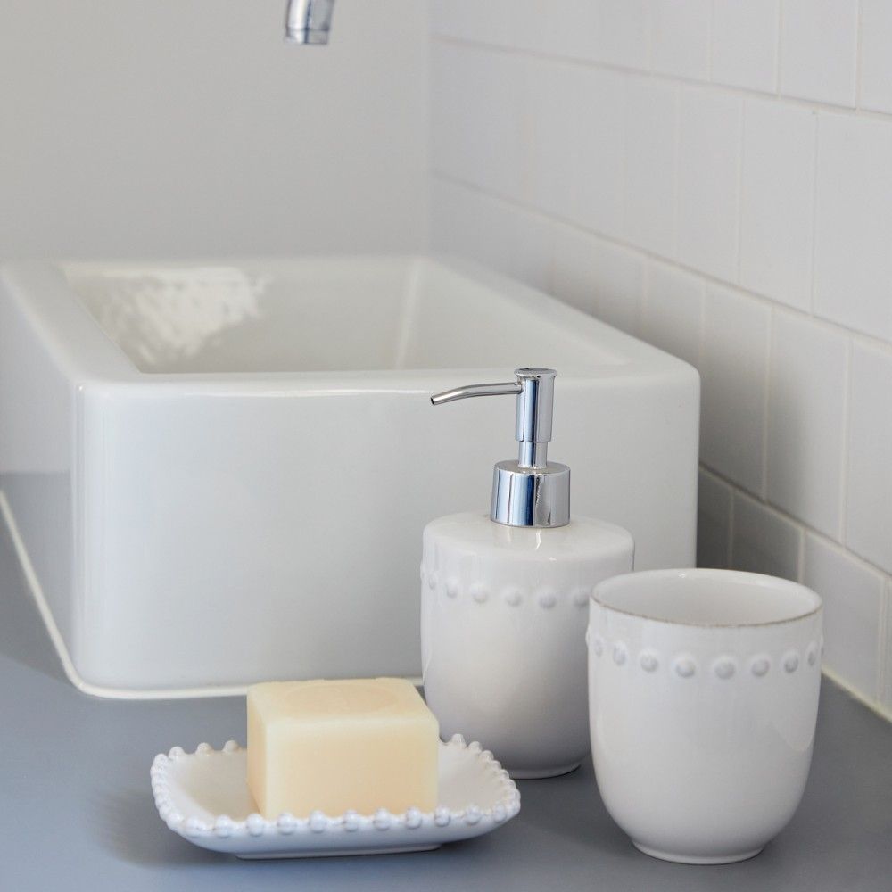 The Every Space white, fne stoneware pump with pearl style edging detail and stainless steel head,for handwash or hand lotion by Costa Nova