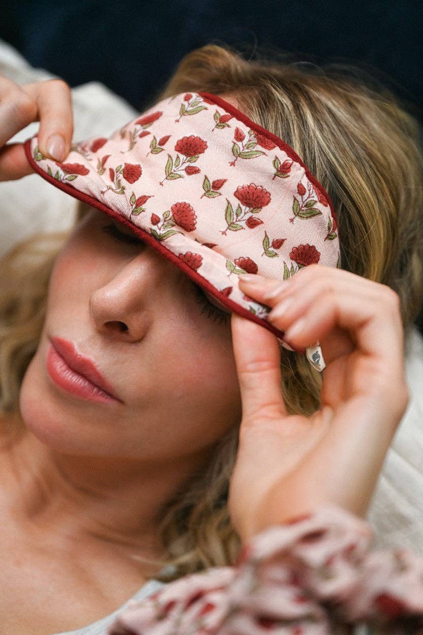 Block Printed Eye Mask & Scrunchie Set | Ditsy Floral Scarlet
