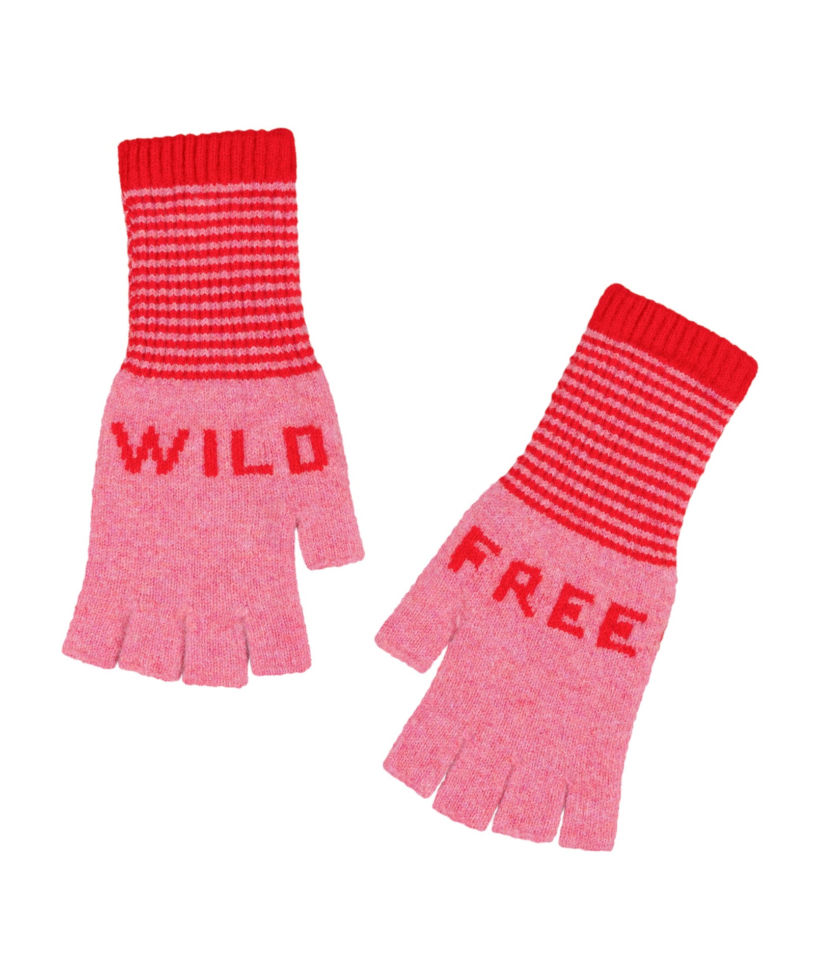 Pink gloves with red text 'WILD' and 'FREE' on a white background