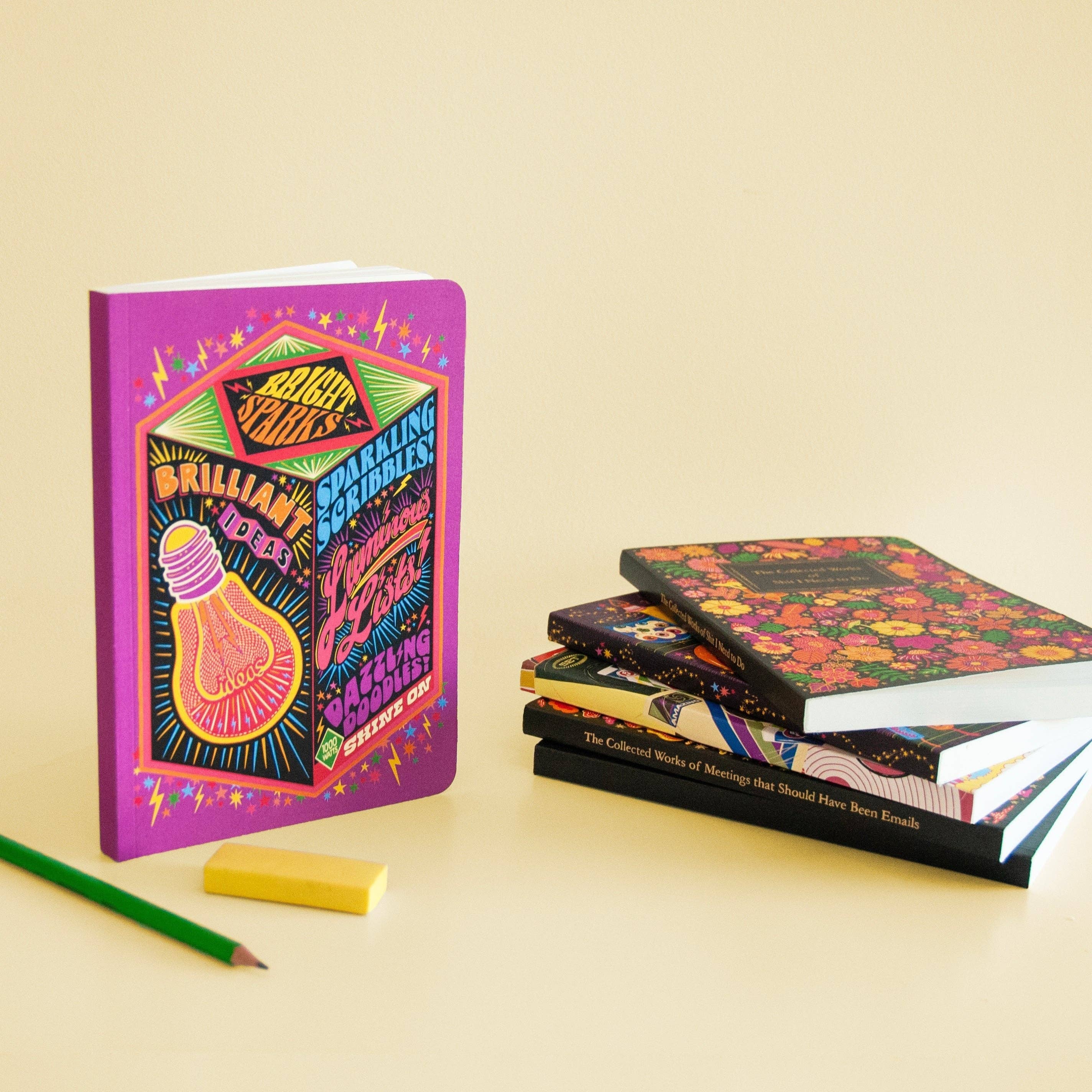 Bright Ideas A5 Notebook with bright, psychedelic illustrations on a green background