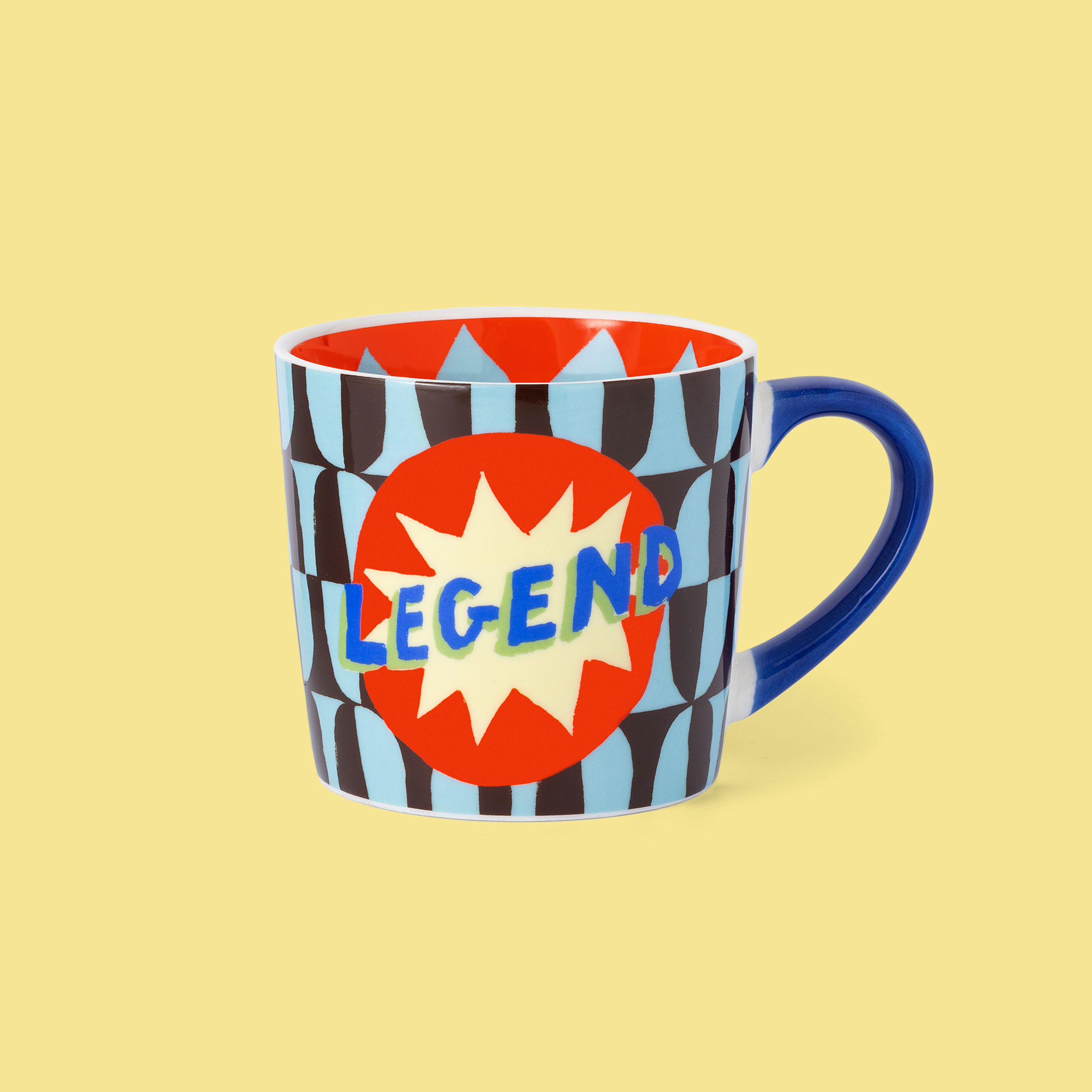 Geo Legend mug by Eleanor Bowmer with Legend lettering and geometric pattern