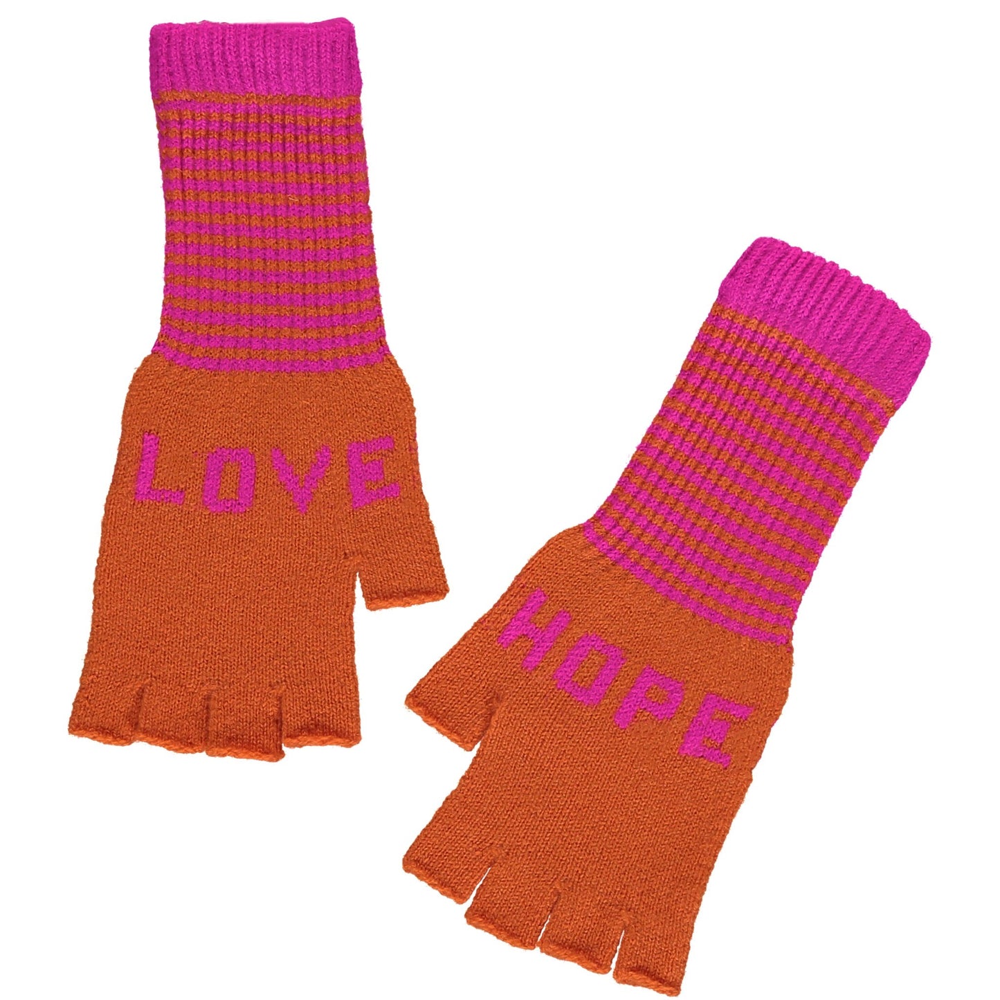 Fingerless Love Hope Gloves in Orange and Fuchsia Pink