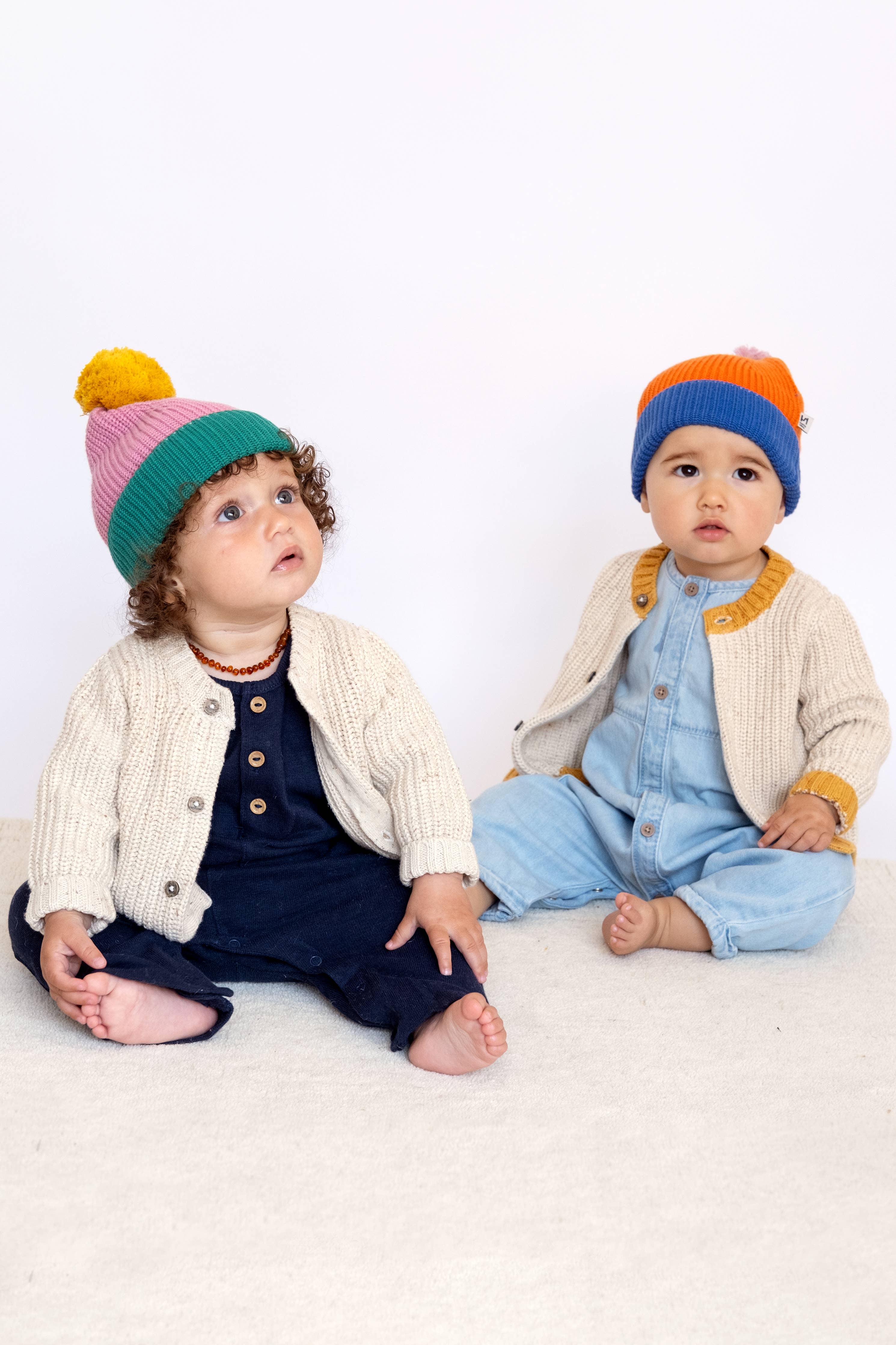 Cotton Knit Baby Bobble Hat | Orange & Blue
