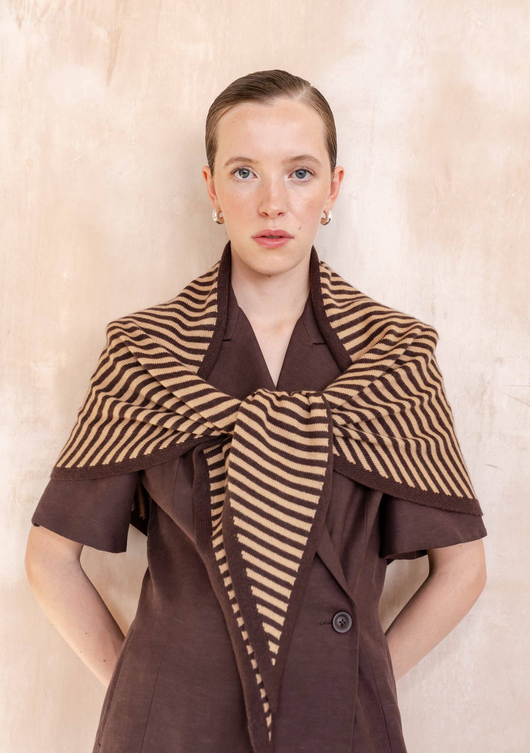 Large Merino Wool Triangle Scarf | Camel & Brown Stripe
