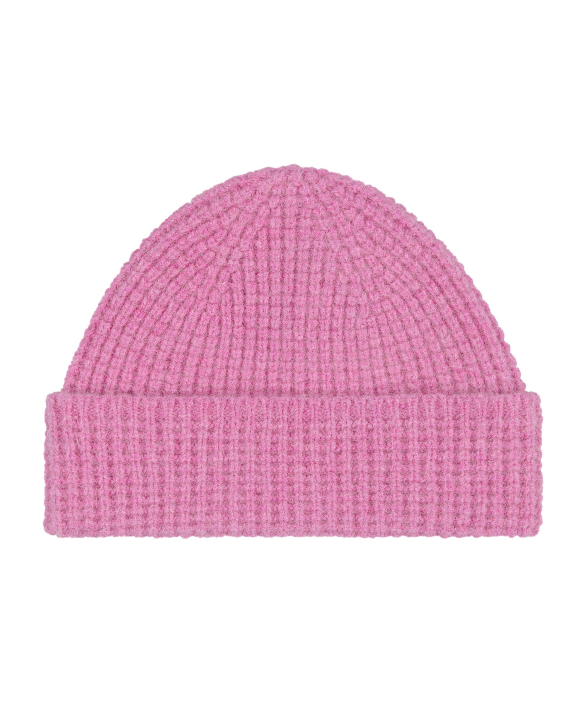 Pink knit beanie on a white background