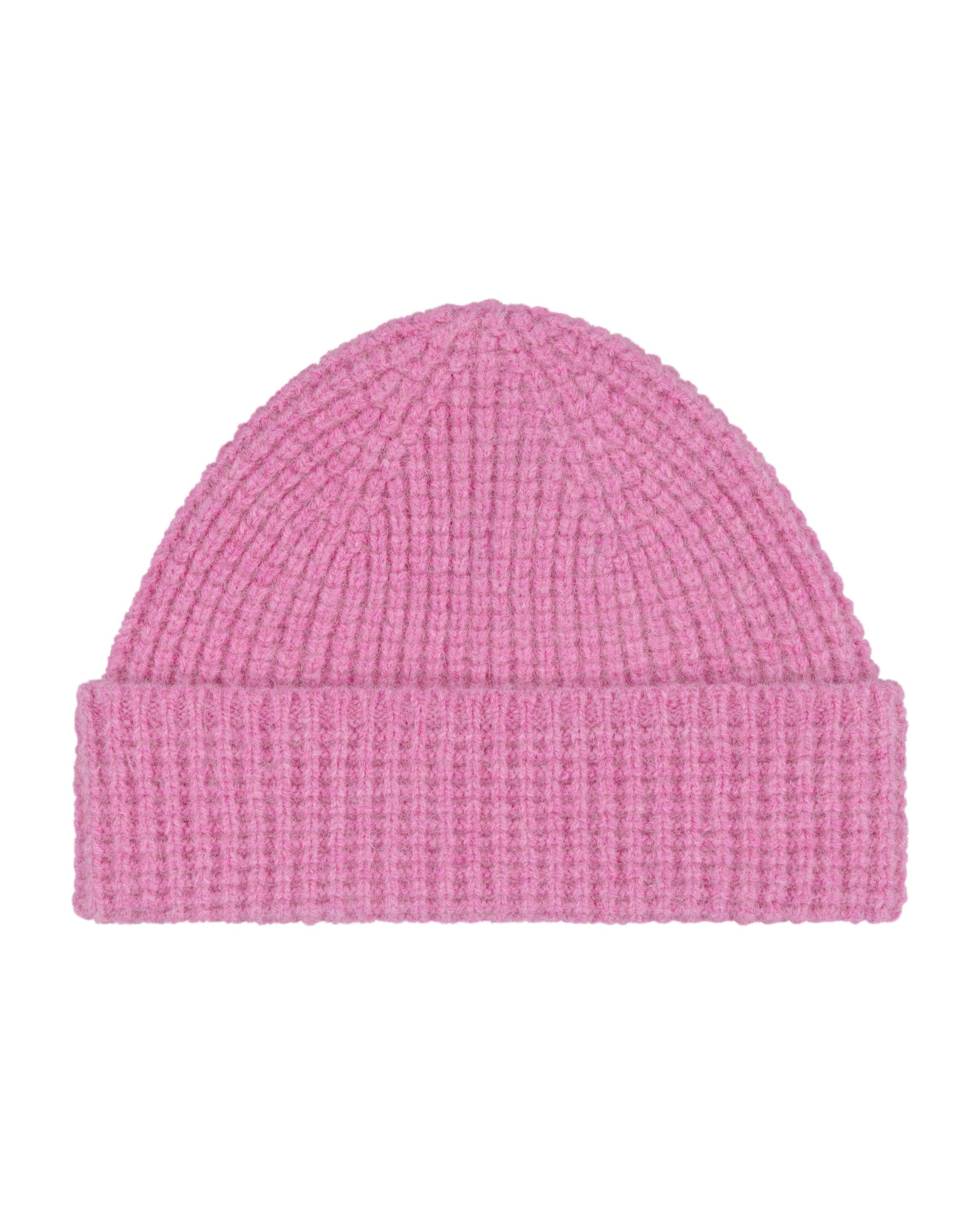 Pink knit beanie on a white background